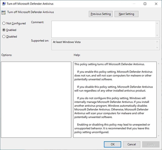 Desactivar la política de grupo de Microsoft Defender Antivirus