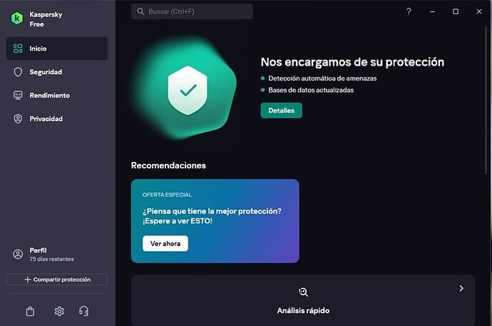 Interfaz Kaspersky Free Antivirus