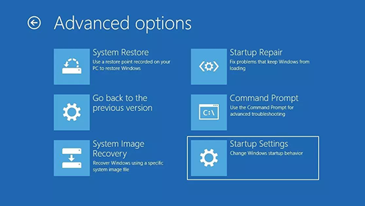 Pantalla de opciones avanzadas en el Entorno de recuperación de Windows.