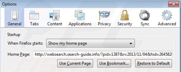 Eliminación de Websearch.search-guide.info de la página de inicio de Mozilla Firefox